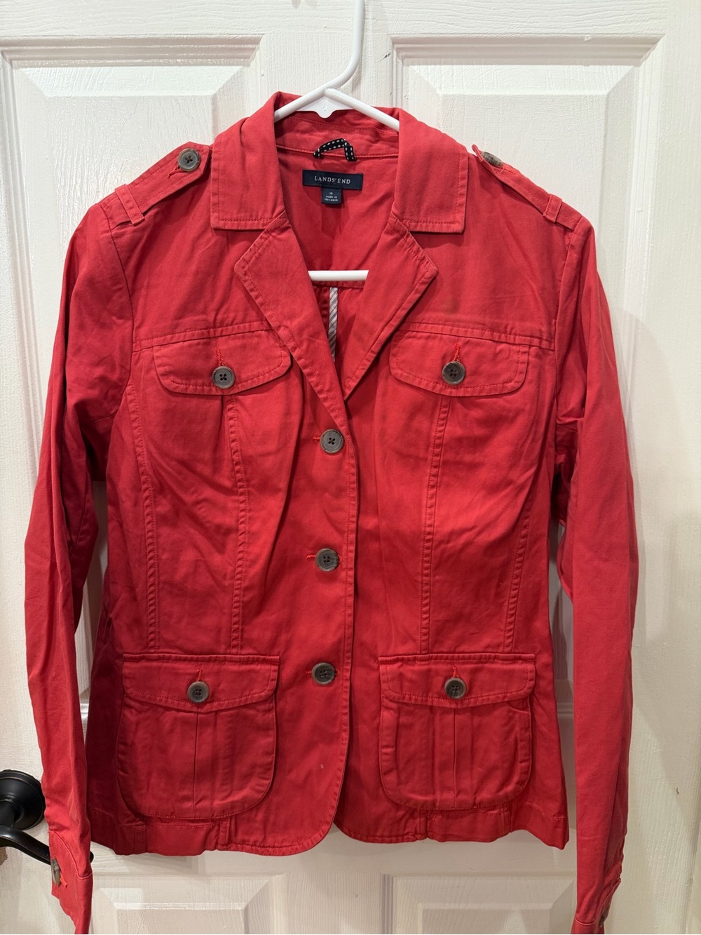 Lands' End Bright Red Cotton Utility Jacket with Button Flap Pockets